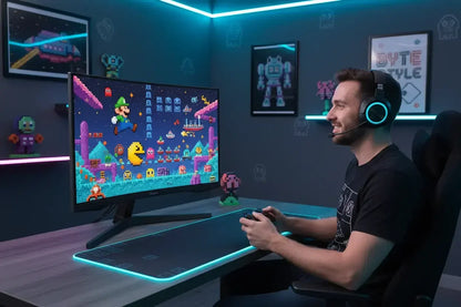 Man with headset gaming at LED-lit desk, playing retro pixel video game on monitor