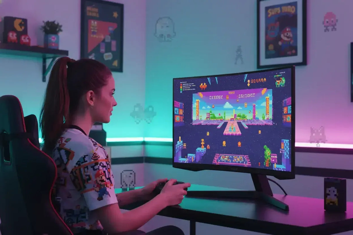 Woman playing retro video game on monitor in neon-lit gaming room with pixel art decor
