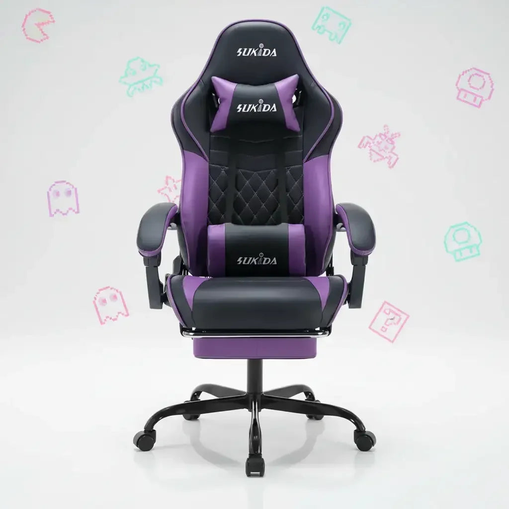 Purple and black Sukida gaming chair with headrest and footrest on white background with pixel icons.