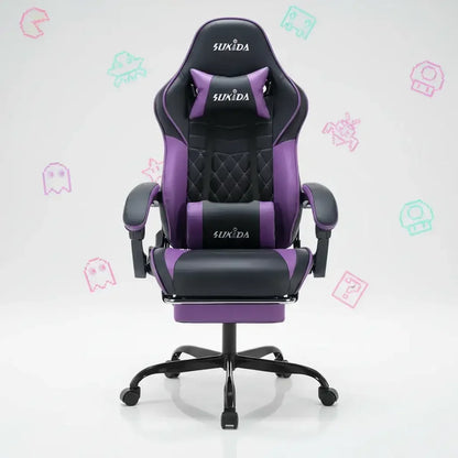 Purple and black Sukida gaming chair with headrest and footrest on white background with pixel icons.