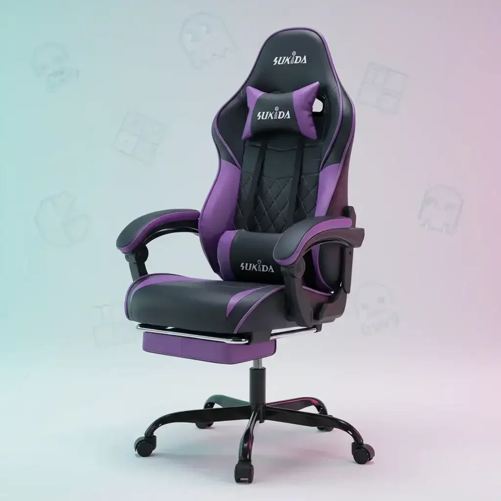 SUKIDA black and purple ergonomic gaming chair with headrest and lumbar support