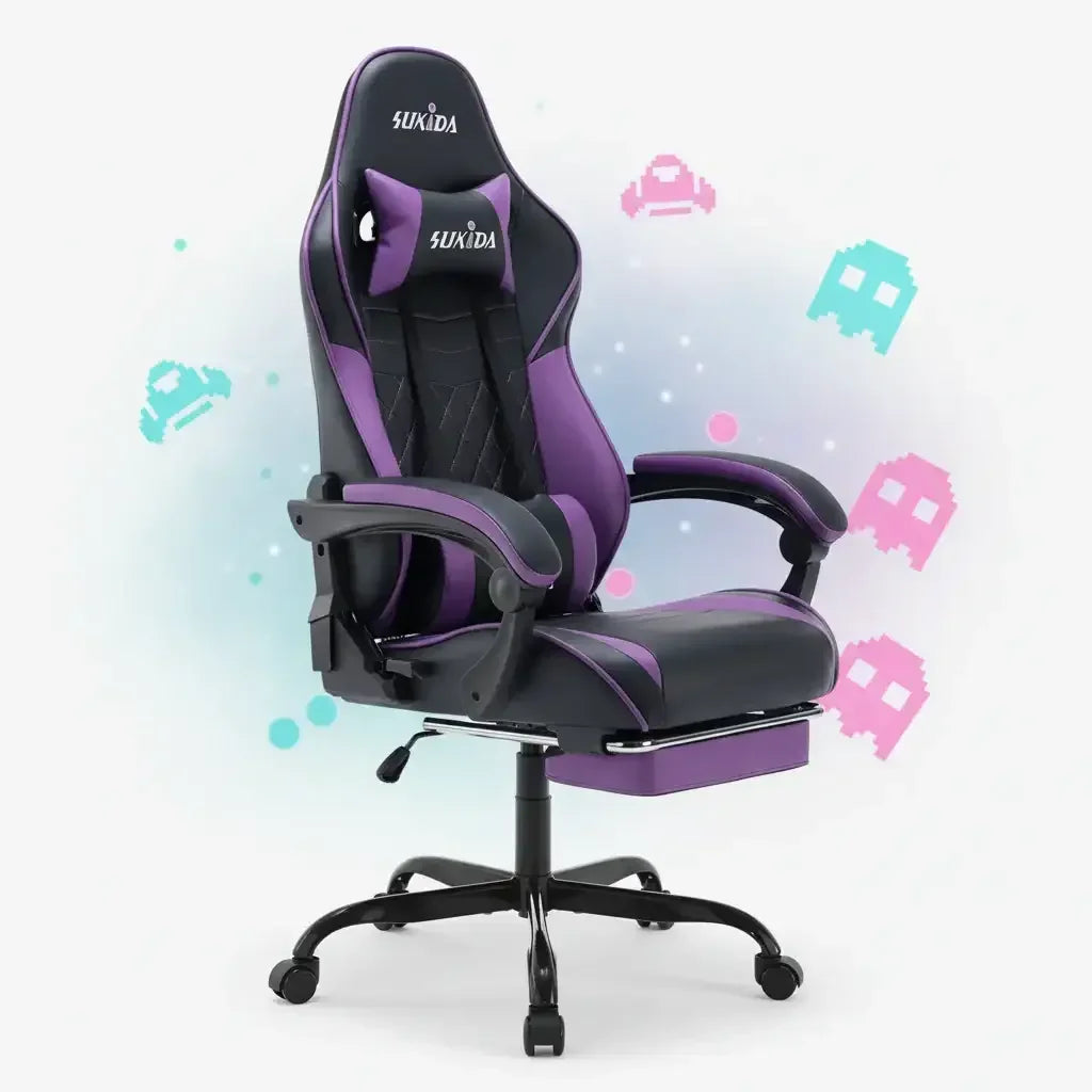 Purple and black SUKIDA gaming chair with ergonomic design and retro arcade icons in background