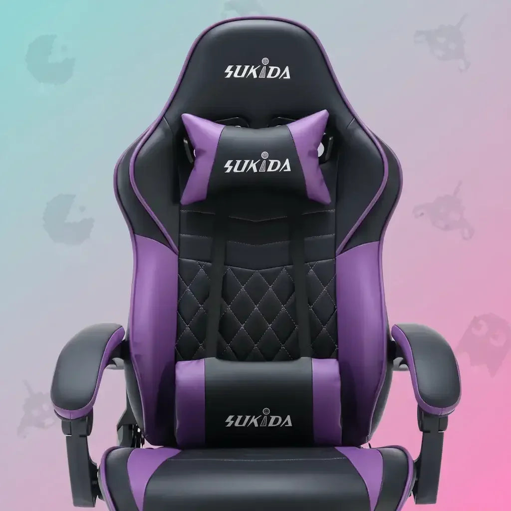 SUKIDA ergonomic gaming chair in black and purple with quilted backrest and logo