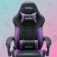 SUKIDA ergonomic gaming chair in black and purple with quilted backrest and logo