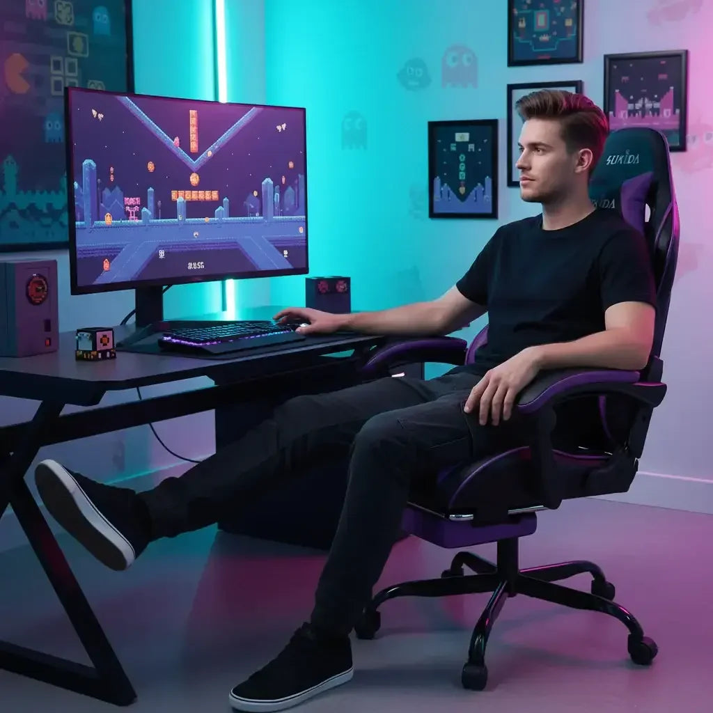 Gamer in a modern gaming room playing retro video game on a large monitor at RGB-lit desk