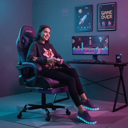 Smiling woman gaming at RGB-lit desk setup with neon sneakers and pixel art decor