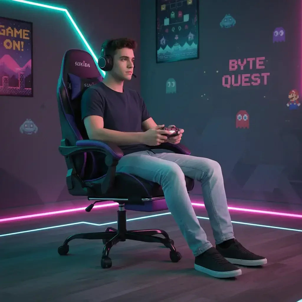 Young man gaming in ergonomic chair with neon lights and retro video game wall art