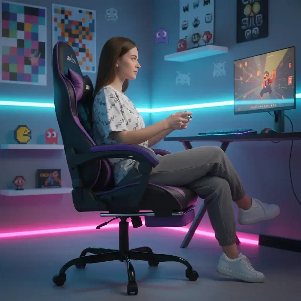 Woman gaming in modern RGB-lit setup, sitting in gaming chair with pixel art wall decor