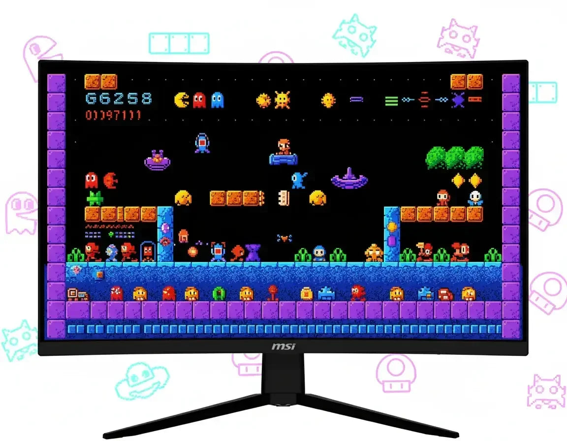 Curved MSI gaming monitor displaying colorful retro pixel art video game scene.