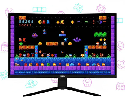 Curved MSI gaming monitor displaying colorful retro pixel art video game scene.