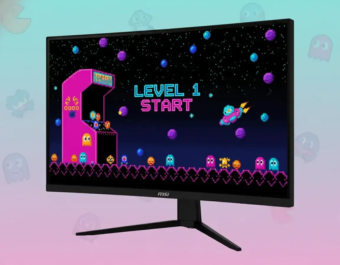MSI monitor displaying retro arcade pixel art game with LEVEL 1 START screen