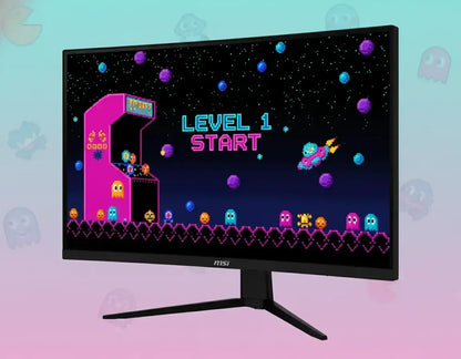 MSI monitor displaying retro arcade pixel art game with LEVEL 1 START screen