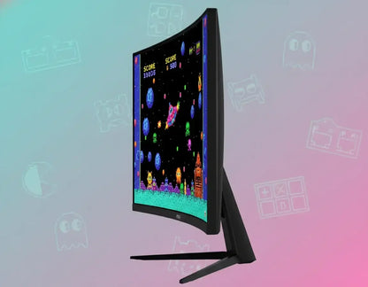 Curved gaming monitor displaying colorful retro arcade space shooter on a pastel background