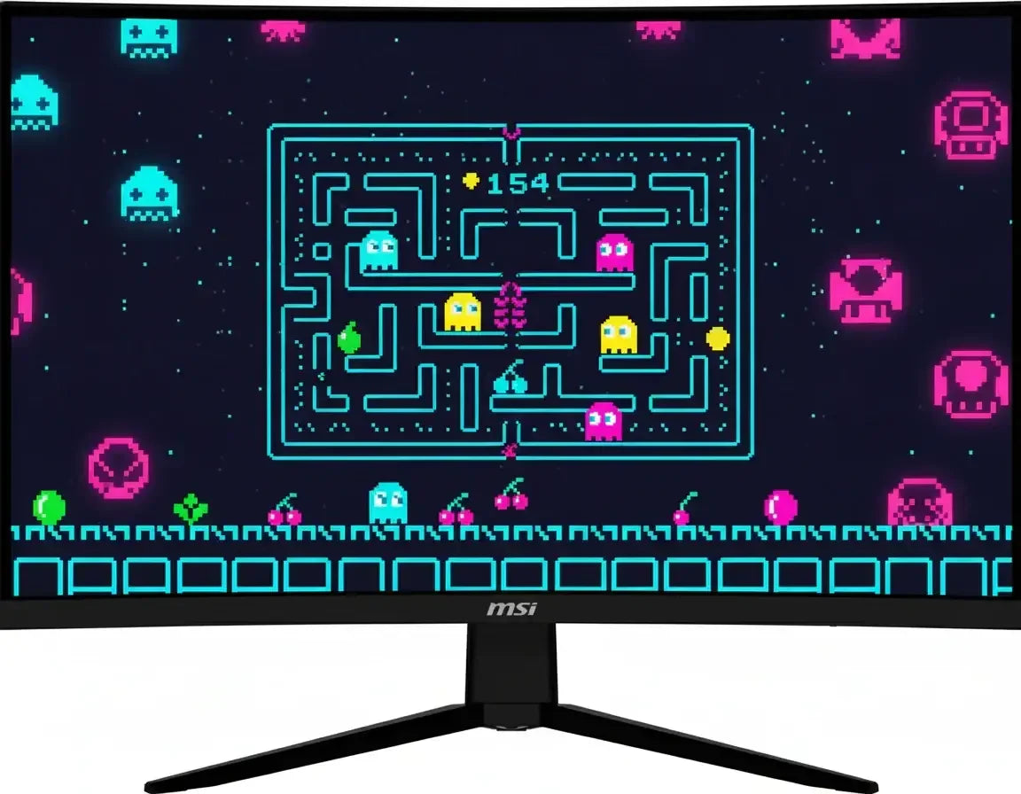 Curved MSI monitor displaying retro Pac-Man style arcade game with colorful maze and ghosts