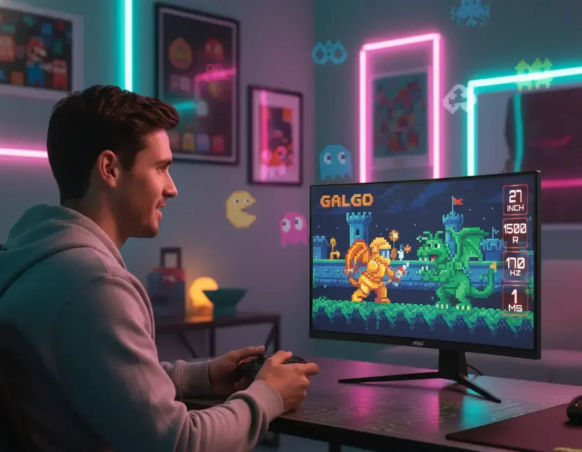 Man gaming on monitor with pixel art, RGB lights, retro gaming decor, and neon wall art