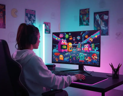 Woman gaming at RGB-lit desk with retro pixel art on monitor and video game posters on wall