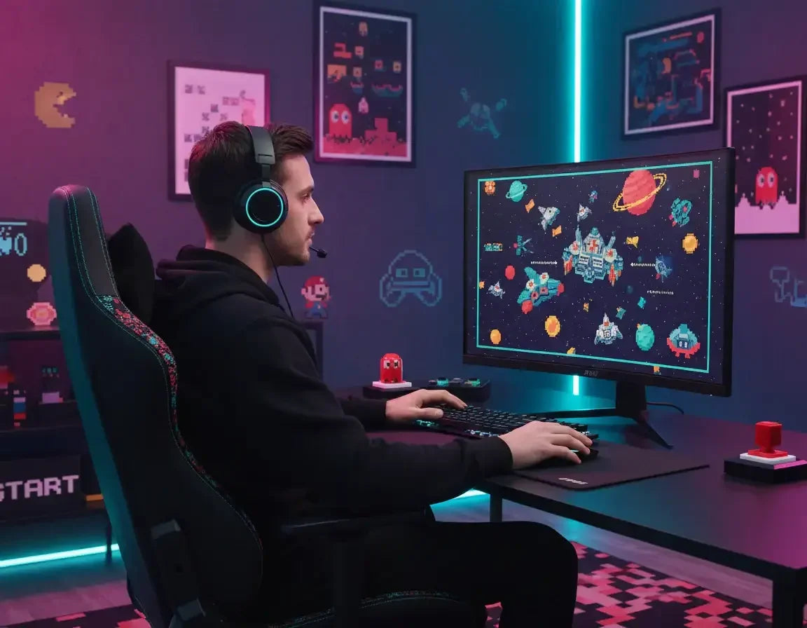 Gamer with headset playing pixel art space game on monitor in retro gaming room