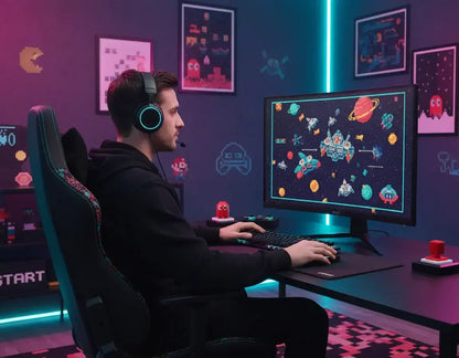 Gamer with headset playing pixel art space game on monitor in retro gaming room
