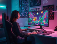 Woman gaming at RGB-lit desk with pixel art decor and large monitor displaying retro video game