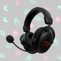 Black HyperX gaming headset with microphone and pixel art background featuring classic video game characters