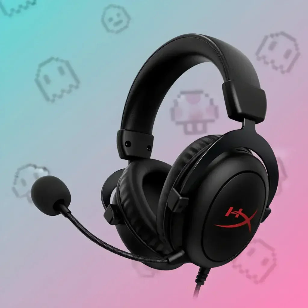 Black HyperX gaming headset with microphone on pink and blue gradient background with pixel art icons