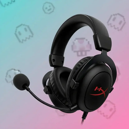 Black HyperX gaming headset with microphone on pink and blue gradient background with pixel art icons