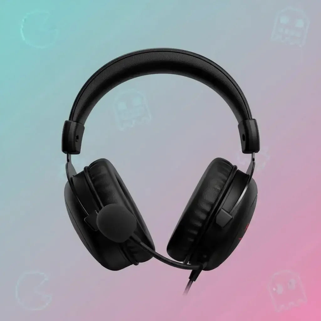 Black gaming headset with cushioned ear cups and attached microphone on pastel gradient background
