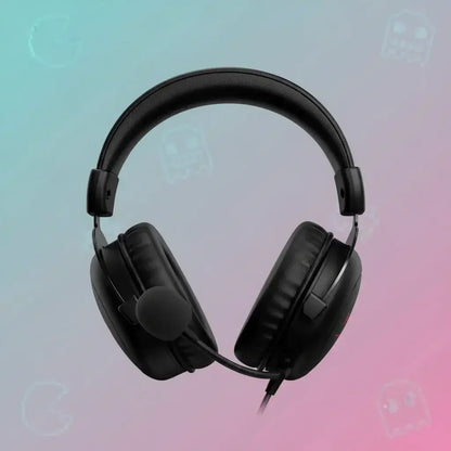 Black gaming headset with cushioned ear cups and attached microphone on pastel gradient background