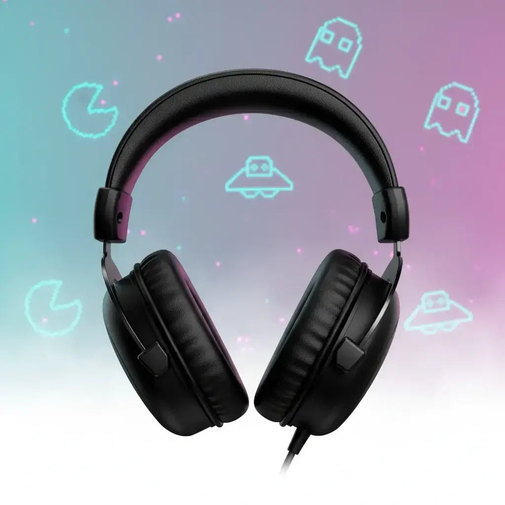 Black over-ear wired headphones with pixel art UFO, ghosts, and Pac-Man on purple-blue background