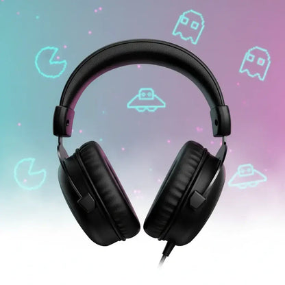 Black over-ear wired headphones with pixel art UFO, ghosts, and Pac-Man on purple-blue background