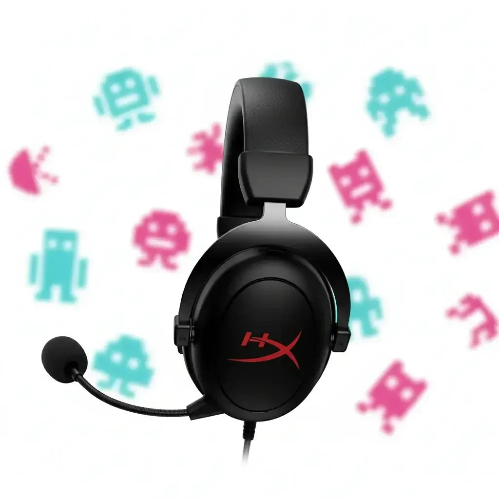 Black HyperX gaming headset with microphone and colorful pixel art characters background