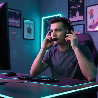 Young man wearing headset with microphone gaming at illuminated desk with keyboard and mouse