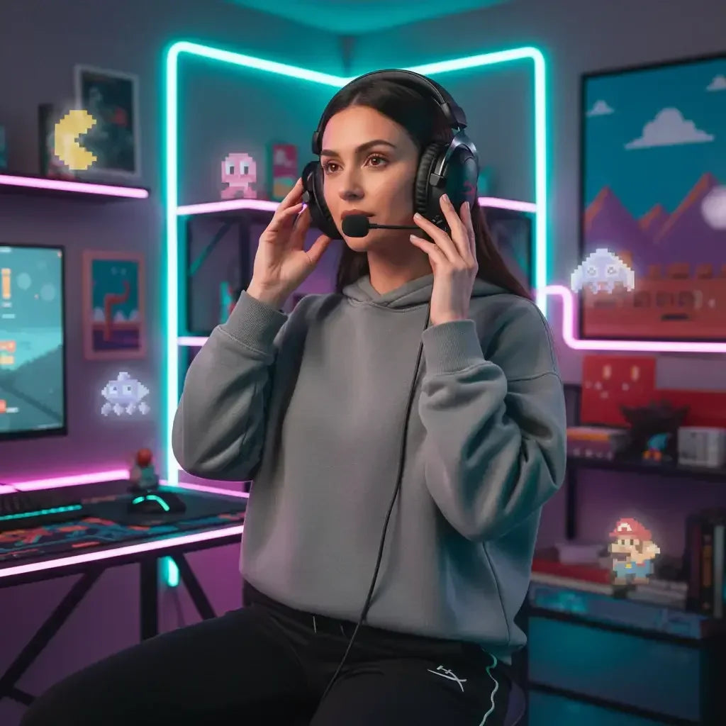 Female gamer wearing headset in colorful gaming room with neon lights and retro game characters