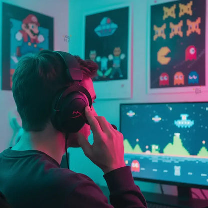 Gamer wearing black HyperX headset playing pixel art retro video games on computer with classic game posters