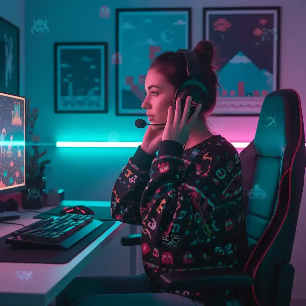 Female gamer in colorful retro sweatshirt with headset gaming at PC desk in neon-lit room