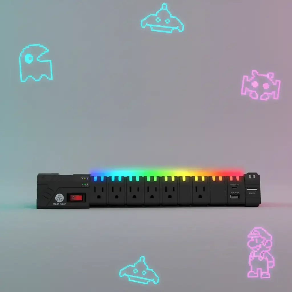 Black power strip with multiple outlets and RGB lighting on top, surrounded by neon pixel art characters