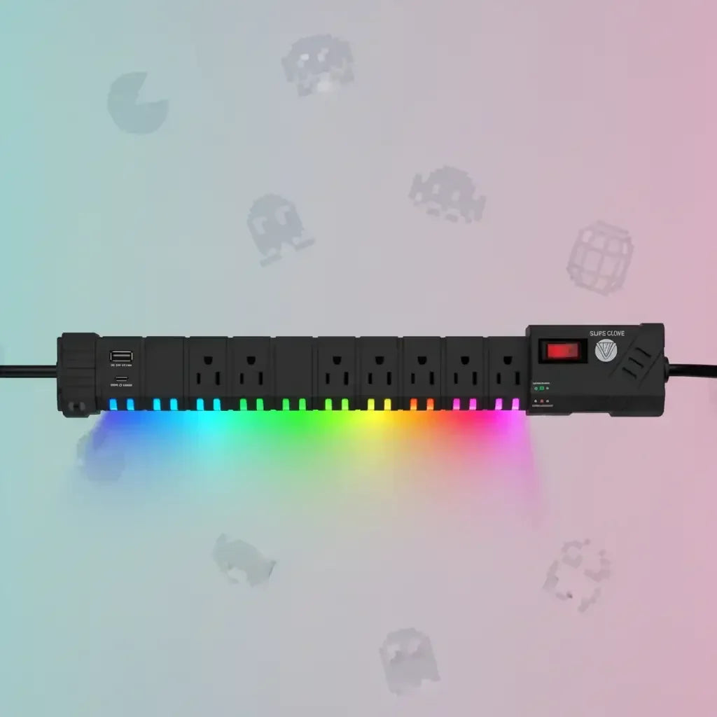 Black power strip with multiple outlets, USB ports, and rainbow LED lighting on gradient background