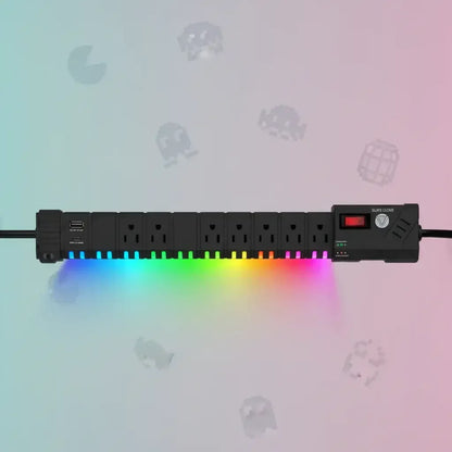 Black power strip with multiple outlets, USB ports, and rainbow LED lighting on gradient background