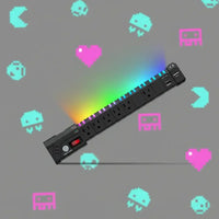 Black power strip with RGB lighting and multiple outlets on gray background with pixel art icons