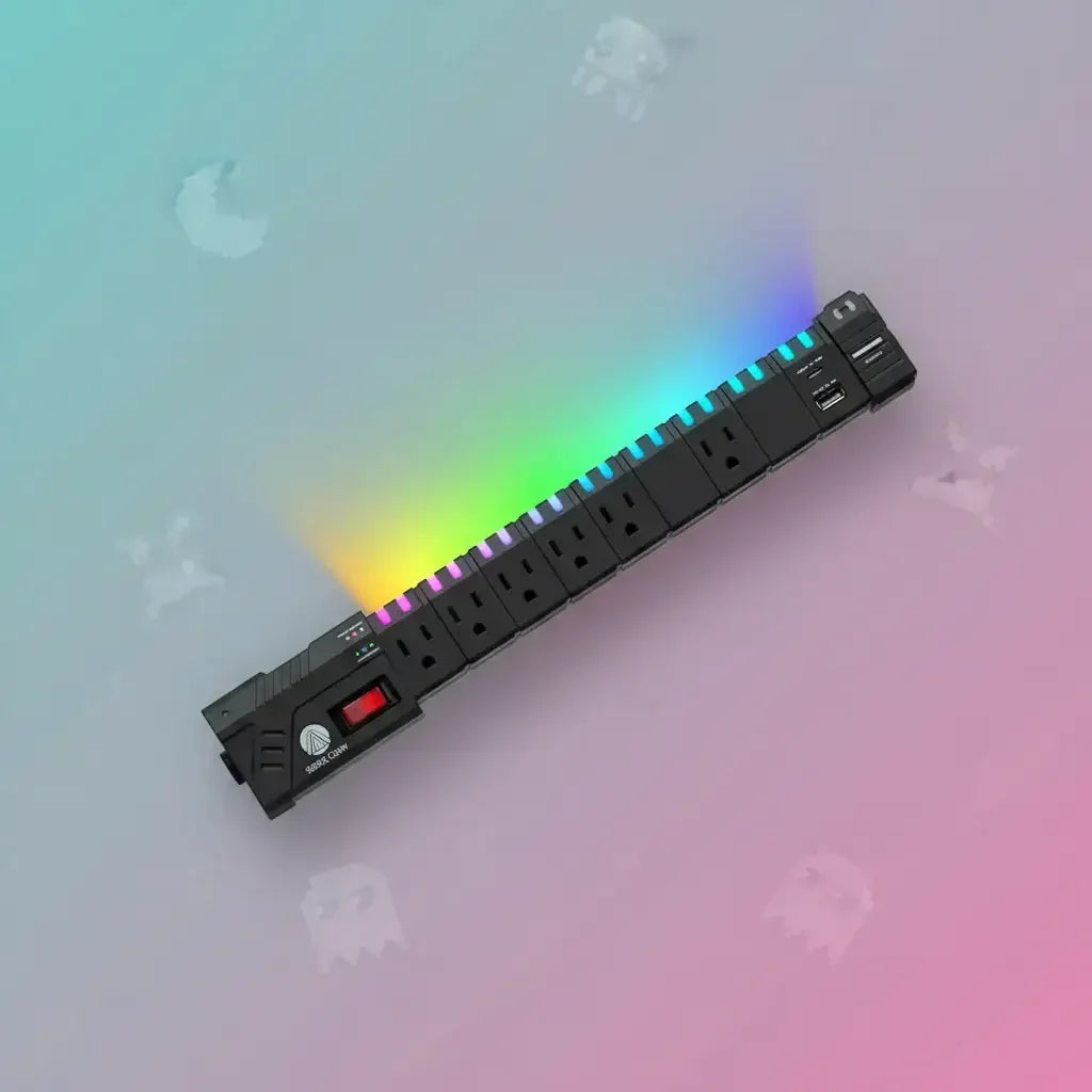 Black power strip with USB ports and colorful RGB lighting on pastel gradient background