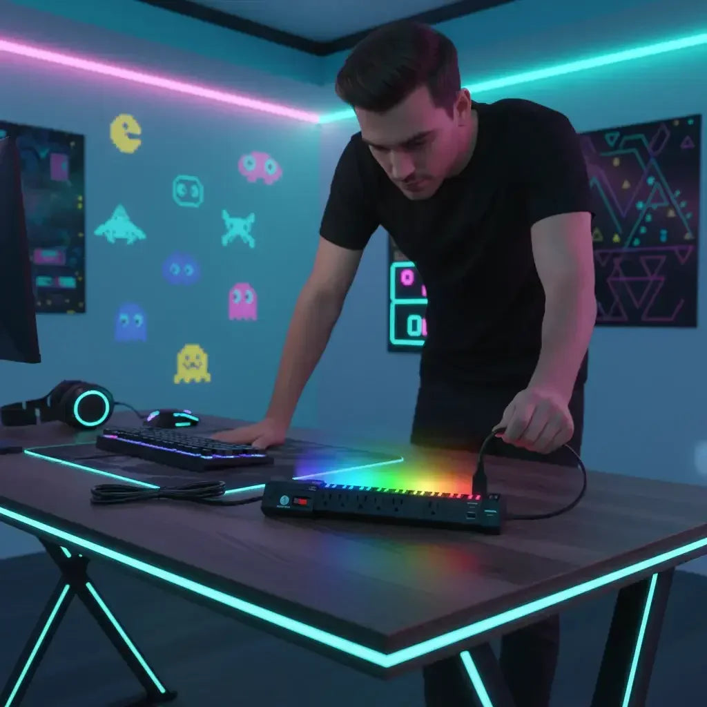 Man in black shirt using RGB illuminated power strip on modern gaming desk with neon LED lights