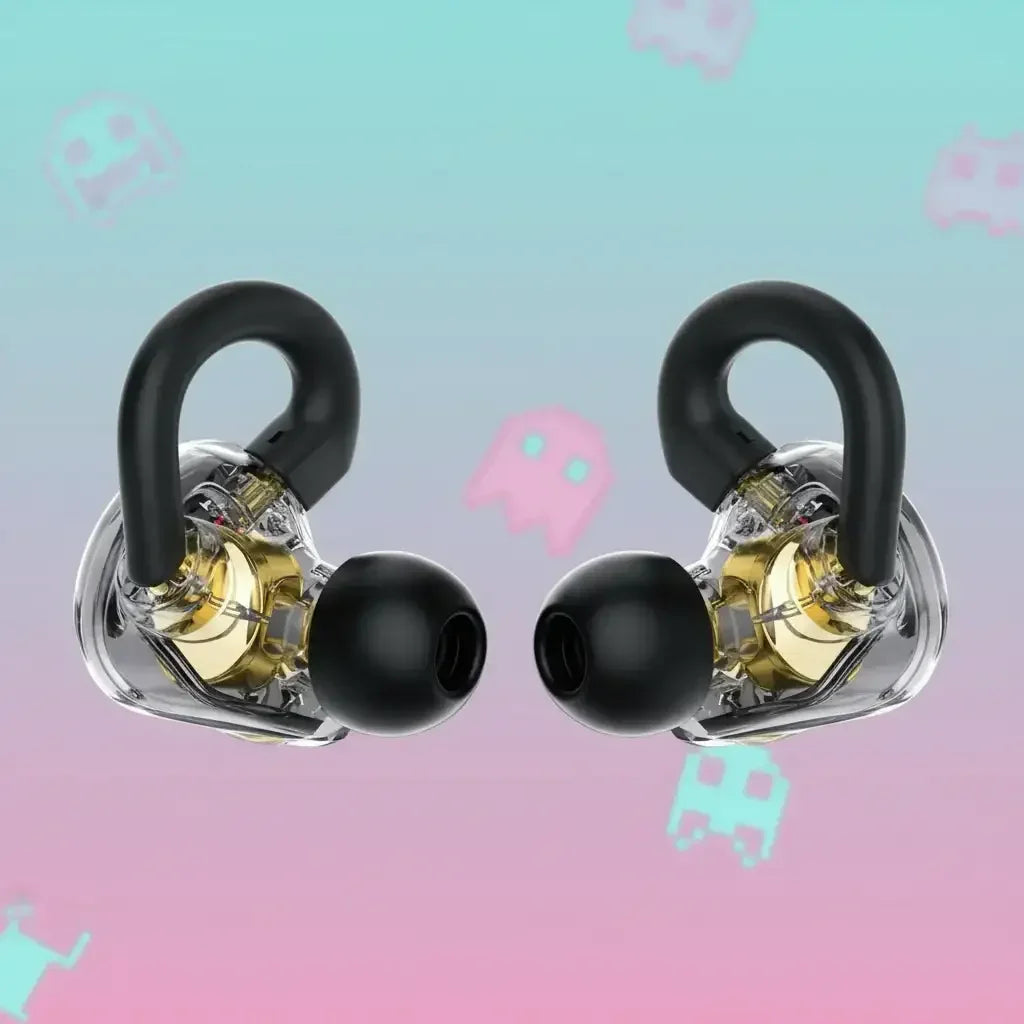 Transparent in-ear headphones with black ear tips and gold internal components on a pastel retro gaming background