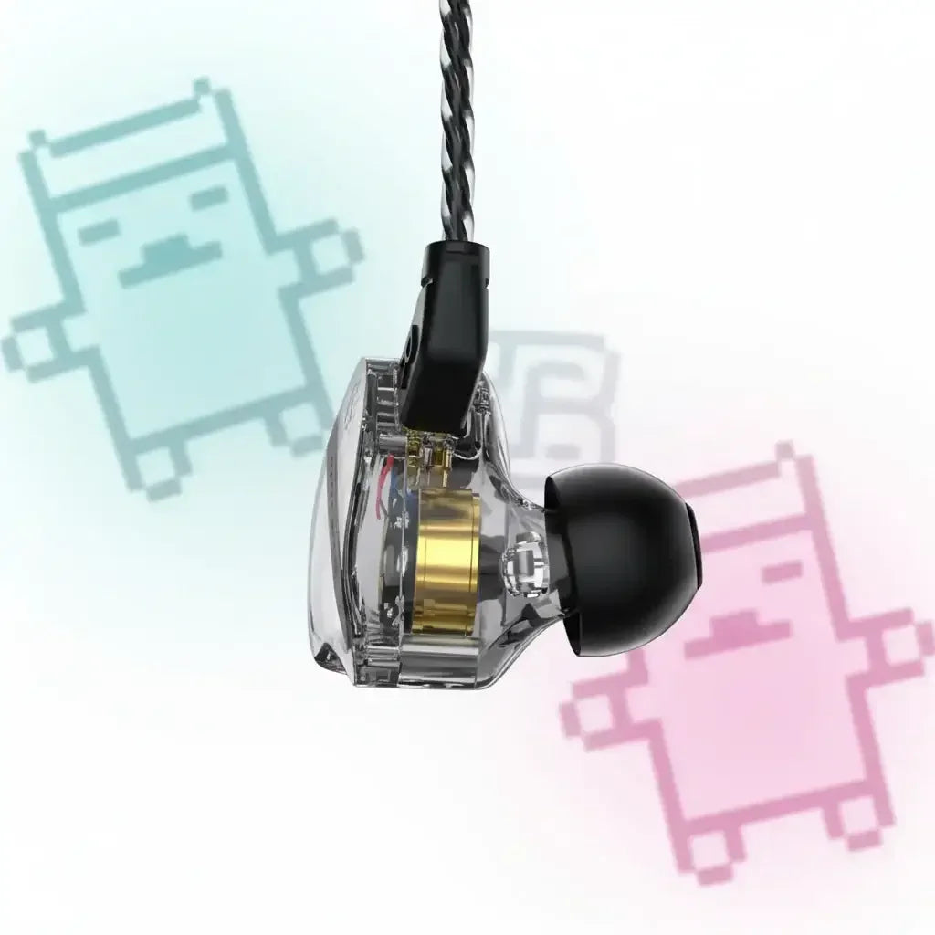 Transparent in-ear earphone with black ear tip and braided cable on colorful pixel art background