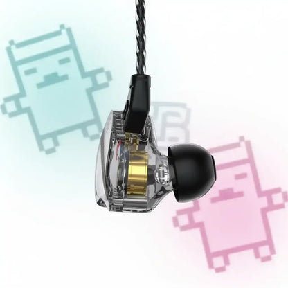 Transparent in-ear earphone with black ear tip and braided cable on colorful pixel art background
