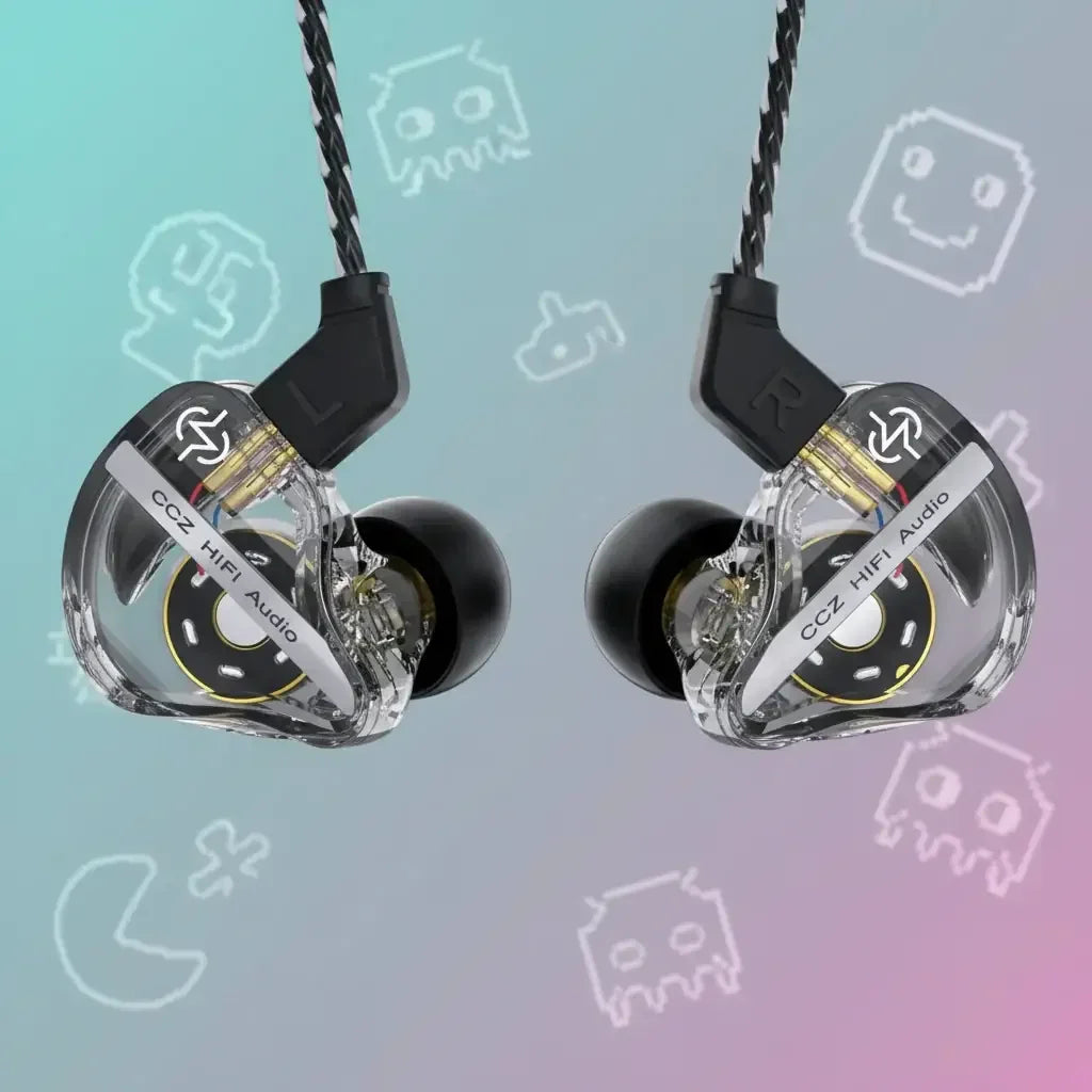 Transparent CCZ HIFI Audio in-ear earphones with black earbuds and twisted cables on colorful background