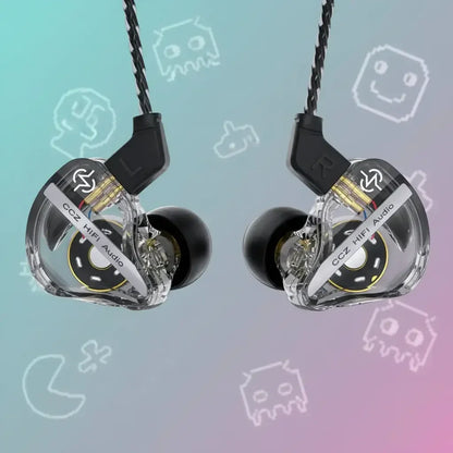Transparent CCZ HIFI Audio in-ear earphones with black earbuds and twisted cables on colorful background