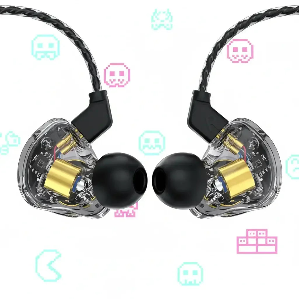 Transparent in-ear headphones with black earbuds and visible gold drivers on white background