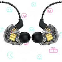 Transparent in-ear headphones with black earbuds and visible gold drivers on white background