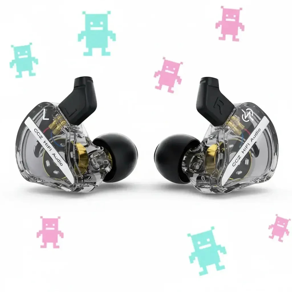 Transparent CCZ HiFi Audio in-ear monitors with black earbuds on white background with pixel robot icons