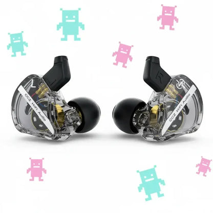 Transparent CCZ HiFi Audio in-ear monitors with black earbuds on white background with pixel robot icons